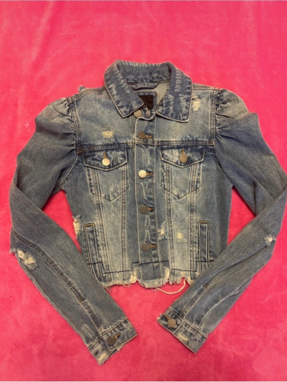 Forever 21 Distressed Blue Denim Jacket with Puff Shoulders